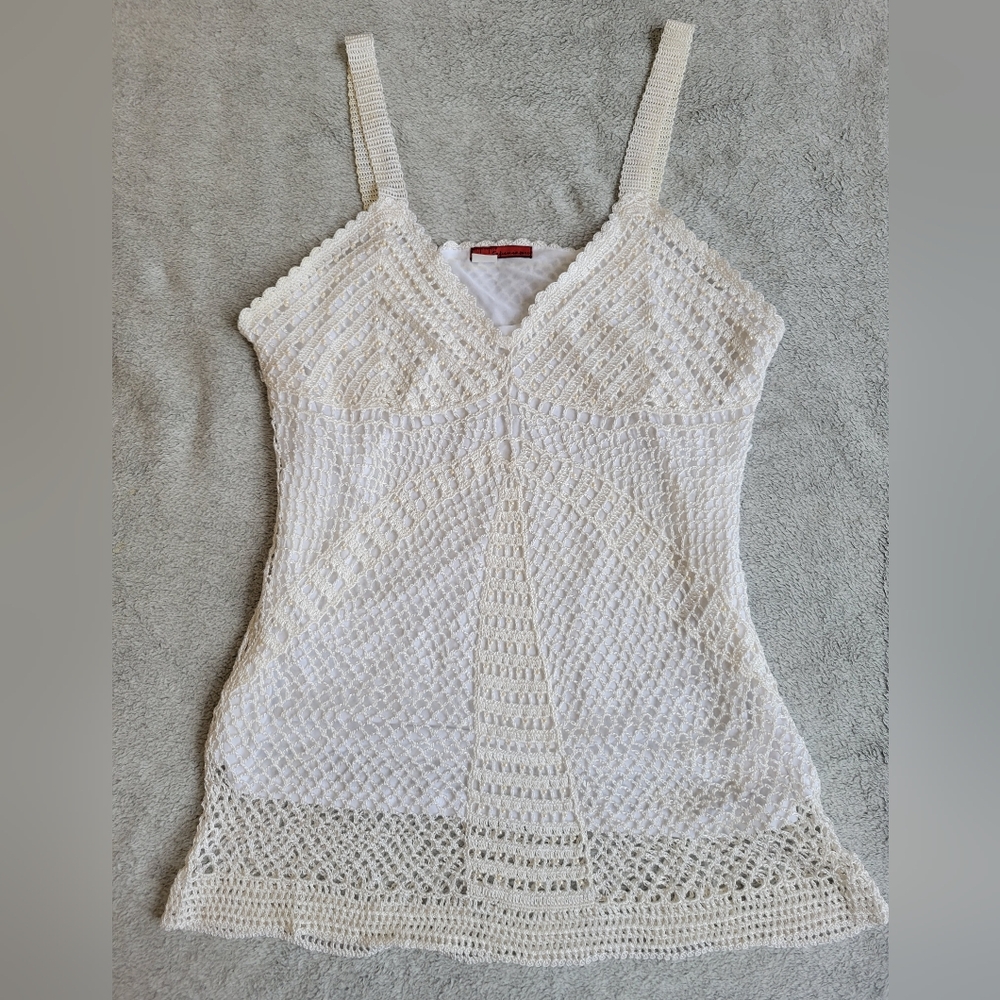 Tapemeasure White Crochet Lace Top with Pearl Beads